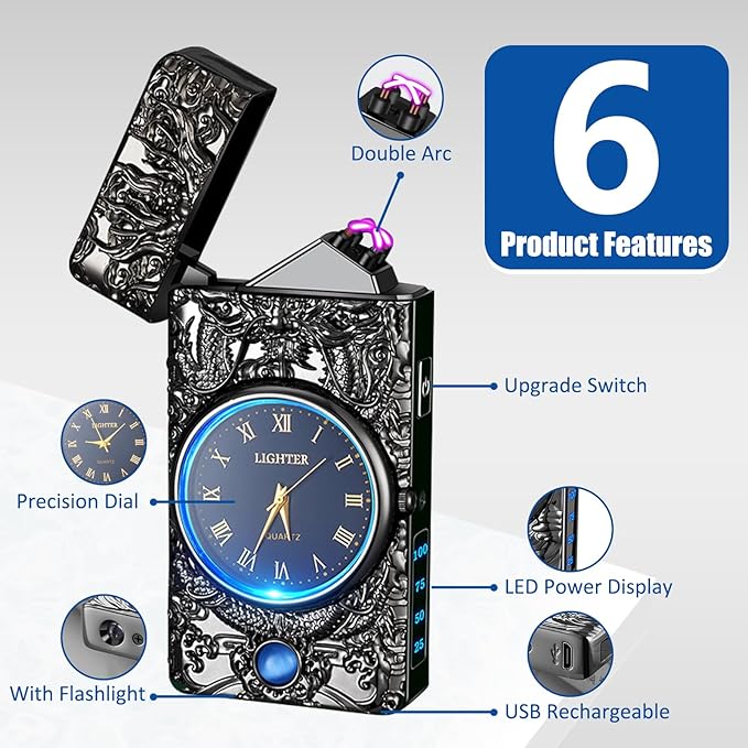 Cool Lighter with Clock Dial Electric Lighter with LED Power Display Plasma Lighter Windproof USB Rechargeable Lighter Gifts for Men Women(BlackDragon)