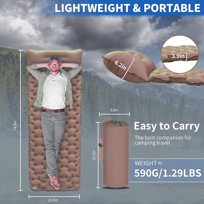 DDD Ultra-Light Inflatable Camping Sleeping Pad with its Built-in Foot Pump and Pillow - The Ultimate Camping pad, Hiking pad, Backpacking Pad and Lightweight for a Outdoor Sleep——Brown