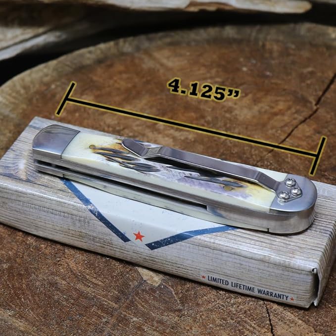 WHISKEY BENT HAT CO. Locking Trapper Folding Pocket Knife 4.125" Closed Length 440C Stainless Steel Blades (Carved Burnt Bone - Serrated)