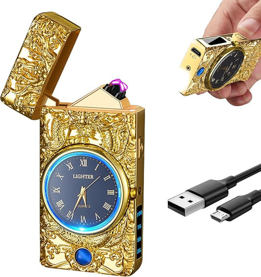 Cool Lighter with Clock Dial Electric Lighter with LED Power Display Plasma Lighter Windproof USB Rechargeable Lighter Gifts for Men Women(GoldDragon)