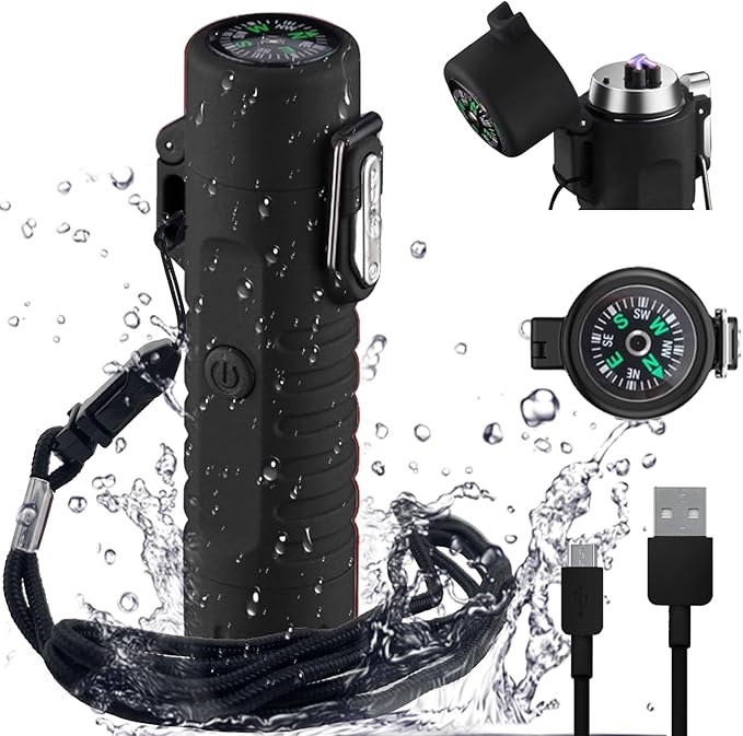 YOZWOO Electronic Lighter Rechargeable USB Lighter Plasma Dual Arc Lighter Flameless Windproof Waterproof Lighter with Flashlight Compass Lanyard for Outdoor Camping Survival Tactical Gear(Black)