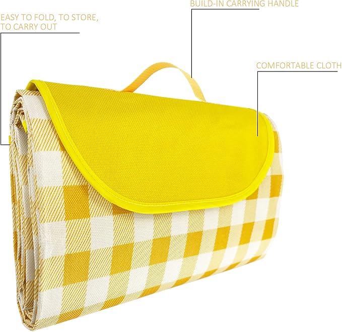 QWXNRG Outdoor Picnic Blanket, Foldable Waterproof Sand Mat, Extra Large Picnic Blanket 60" x 80" for Beach Camping Hiking Travel Outdoor Family Concerts - Yellow Striped