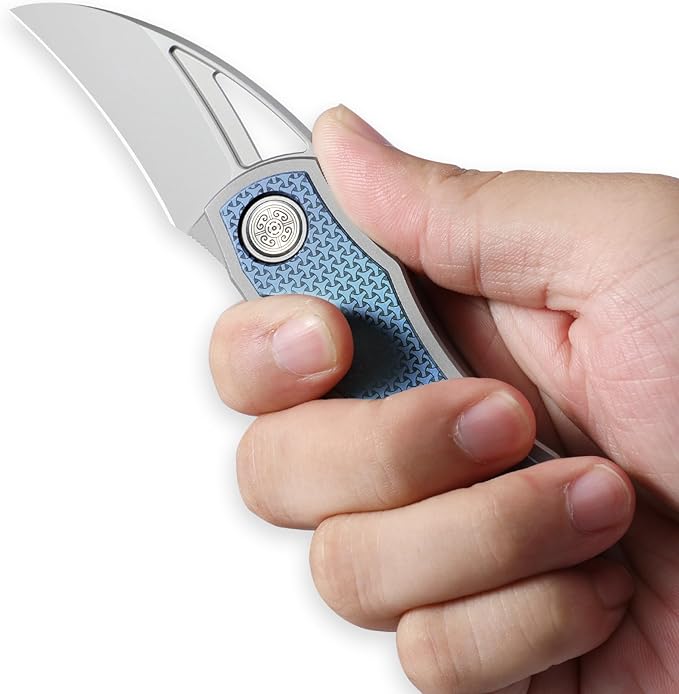 Knife Karasu Pocket Folding Knife,2.12" Grey Ceramic M390 Steel Blade Titanium Handle Front Flipper Knife,Small EDC Knife with Pocket Clip (Grayish Blue)