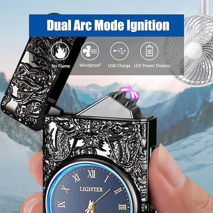Cool Lighter with Clock Dial Electric Lighter with LED Power Display Plasma Lighter Windproof USB Rechargeable Lighter Gifts for Men Women(BlackDragon)