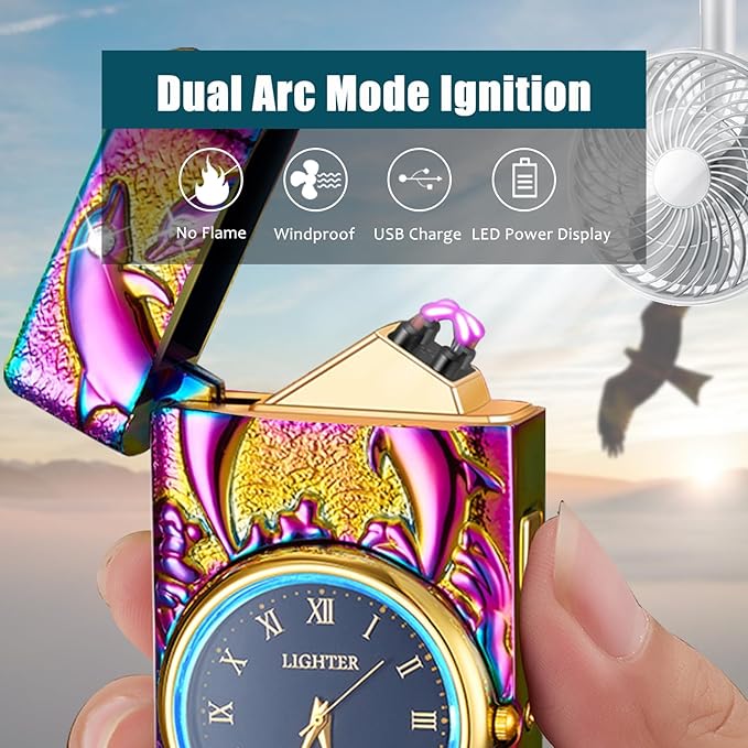 Rechargeable Lighter USB Electric Lighter Plasma Arc Candle Lighter with Clock Dial Windproof Electronic Lighter with LED Power Display for Camping, Hiking, Traveling (Colors Dolphin)