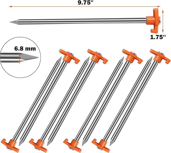 Cheardia 10 Pack Tent Stakes Heavy Duty, 10.25 Inch Yard Stakes Non-Rust Metal Tent Pegs Ground Stakes Tent Spikes for Decorations Camping Patio, Garden, Canopies, Grassland, Outdoor, Orange