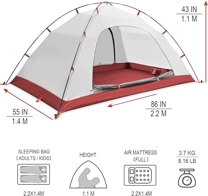 KAZOO 2/4 Person Camping Tent Outdoor Waterproof Family Large Tents 2/4 People Easy Setup Tent with Porch Double Layer