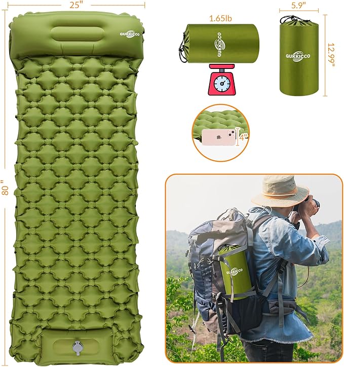 Sleeping Pad Ultralight Inflatable Sleeping Pad for Camping, 80''X25'', Built-in Pump, Ultimate for Camping, Hiking - Airpad, Carry Bag, Repair Kit - Compact & Lightweight Air Mattress(Green)
