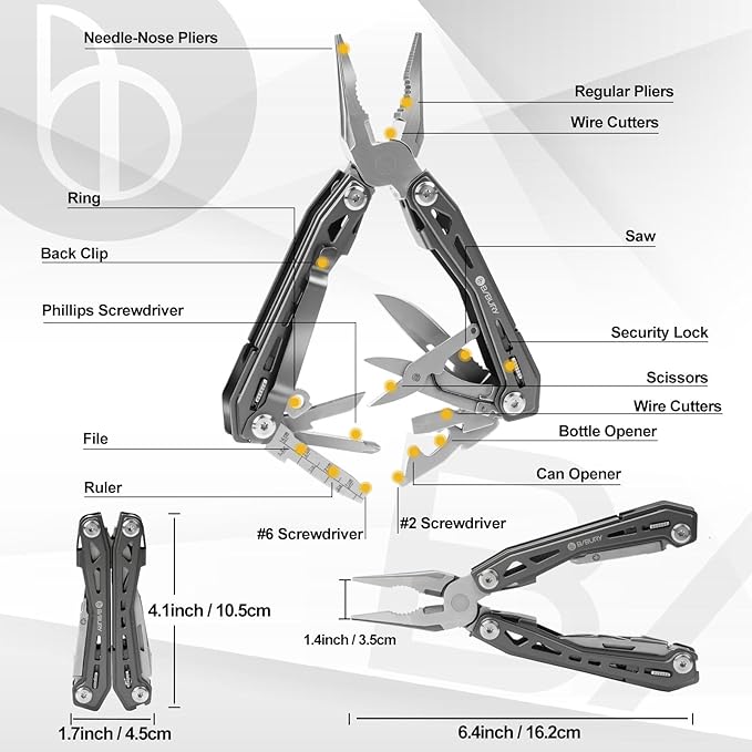 BIBURY 17-in-1 Multitools, Portable Multitool Foldable Spring-Loaded Pliers with Scissors, Can Opener & Screwdriver, EDC Tools for Camping, Outdoor Activities, Home Repair - Titanium Plating