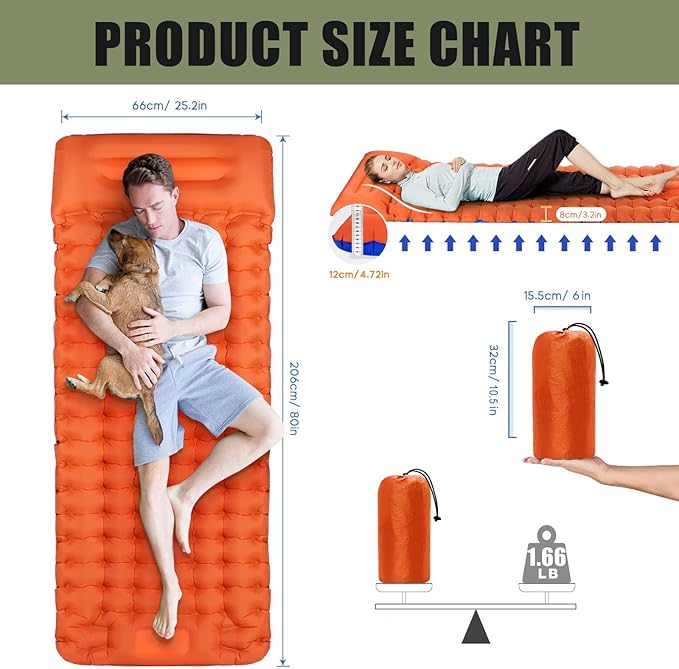 Sleeping Pad for Camping, Lightweight Waterproof Camping Air Mattress with Built-in Pump Camping Bed for Backpacking Gear, Hiking, Tent, Traveling Orange