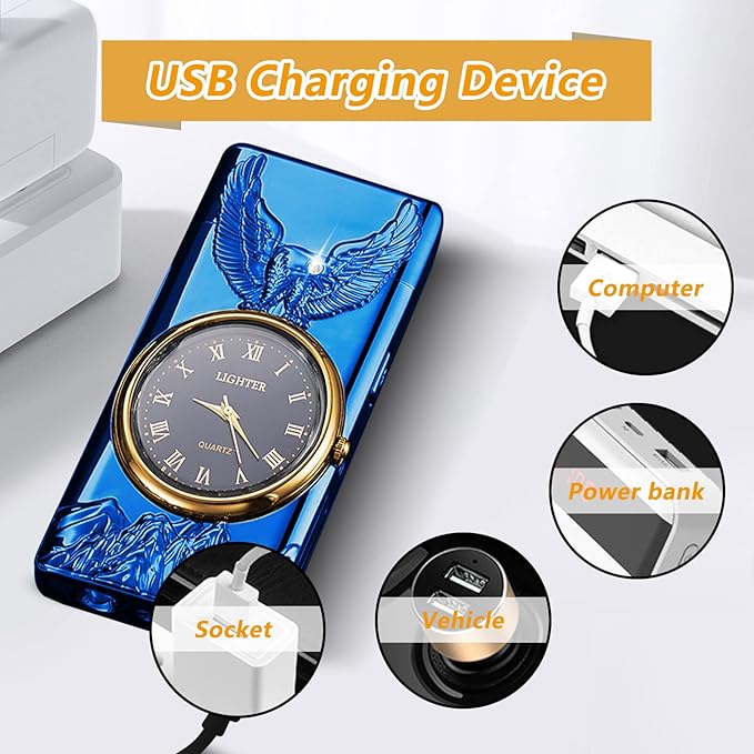 Plasma Dual Arc Lighter Electric Lighter Rechargeable Windproof Flameless Lighter,Luxury Metal Lighters with Flashlight(Blue)