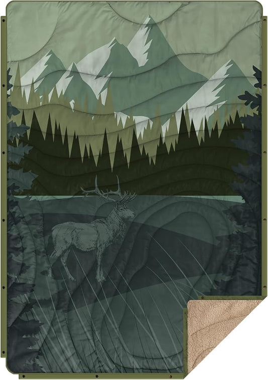 Outdoor Camping Blanket with Sherpa Lining, Extra Warm Thick Camp Blankets & Puffy Ultralight Soft Poncho DWR Camping Quilt for Cold Weather, Adventure,Sleeping,Backpacking 56"x 40"