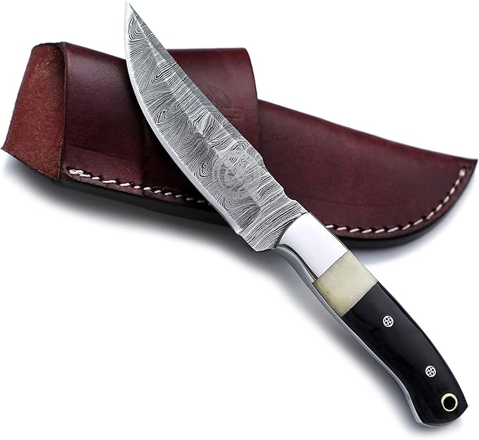 Handmade Damascus Steel Fixed Blade Knife Ideal for EDC Hunting,Survival,Camping,Bushcraft,And Fishing Fixed Blade with Drop Point Blade-Full Tang Bone Handle with CowHide-Leather Sheath-WKD-786