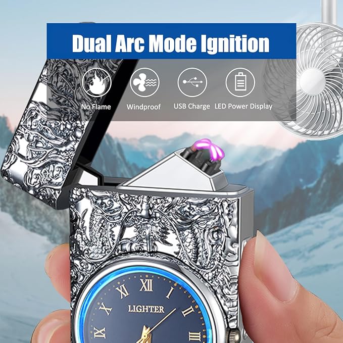 Cool Lighter with Clock Dial Electric Lighter with LED Power Display Plasma Lighter Windproof USB Rechargeable Lighter Gifts for Men Women(SilverDragon)