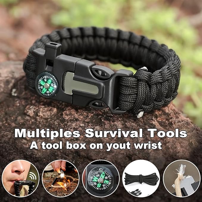 Bracelets,Survival Bracelets for Men Paracord Tactical 5-in-1 Camping Gear Kits,with 12-ft Detachable Parachute Rope,Fire Starter,Embedded Compass,Whistle&Emergency Multitools