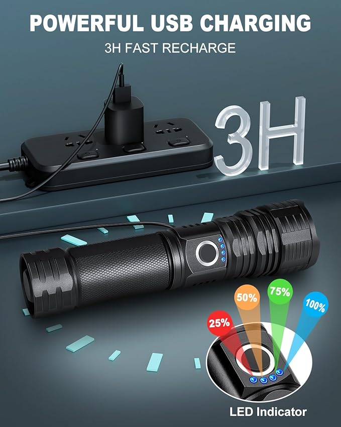 3 Pack Flashlights High Lumens Rechargeable, 990,000 Lumens Super Bright Flashlight with 5 Modes, High Powered Flash Light, Handheld LED Flashlights for Home Camping, IPX6 Waterproof