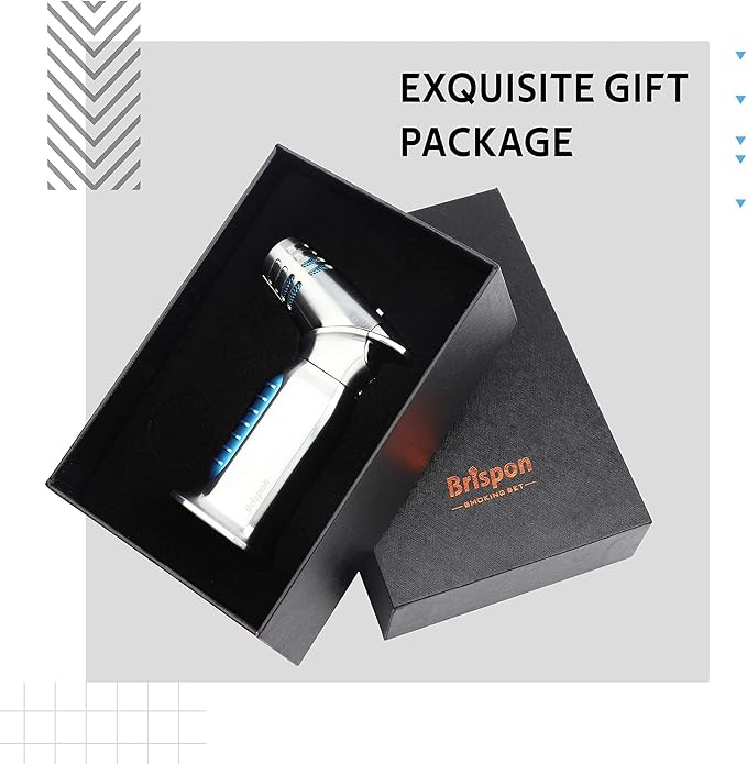 Torch Lighter, Quad 4 Jet Flame Windproof Butane Lighter with Safety Lock Adjustable Refillable Lighter for Kitchen Grill BBQ Candle Camping (Butane NOT Included) (Blue)