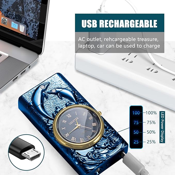 Electric Candle Lighter USB Rechargeable Lighter Plasma Arc Lighter Unique Cool Electronic Lighter with Clock Dial for Outdoor Grill, BBQ, Cooking (Blue Dolphin)