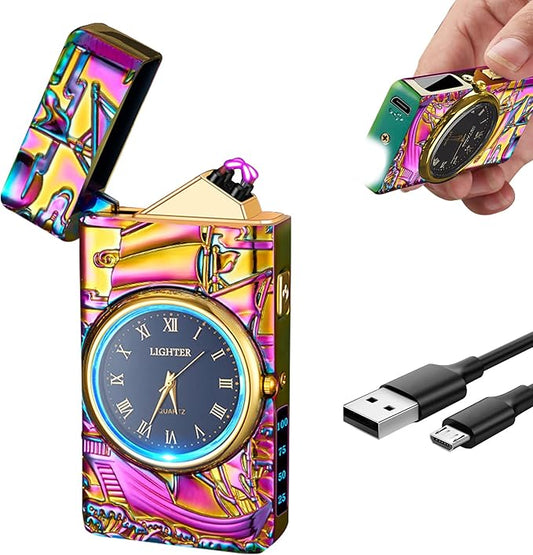 Cool Lighter with Clock Dial Electric Lighter with LED Power Display Plasma Lighter Windproof USB Rechargeable Lighter Gifts for Men Women (Sailboat-Magic)