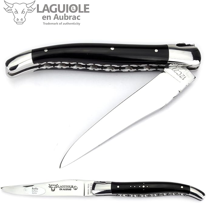 handmade knife 12 cm - double platines - buffalo horn handle - blade and bolsters stainless steel shiny