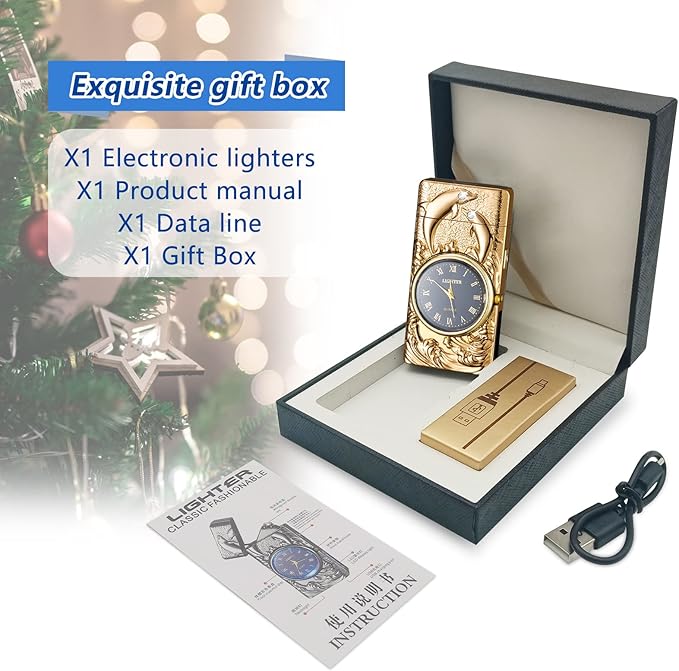 Electric Lighters Rechargeable USB Windproof Flameless Plasma Arc lighters with Clock dial Luxury Vintage Fancy Cool lighters for Candle Gift for Man (Gold)