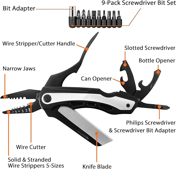 Multi-tool Pocket Knife, 17-in-1 Multitool with Sharp Tactical Knife Wire Cutter Bottle & Can Opener 9-Pack Screwdrivers Perfect for Camping Survival, Cool Gifts for Men Dad Husband Boyfriend