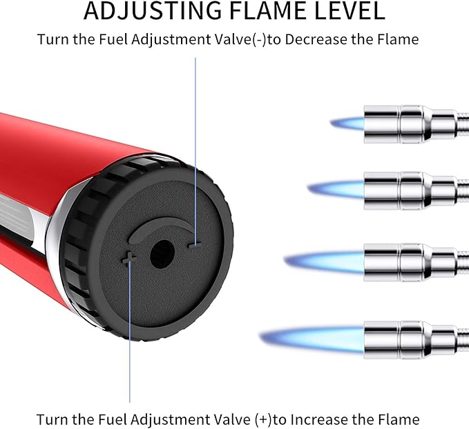 Butane Lighter Torch Long Lighter Refillable Adjustable Jet Flame Lighter Windproof Flexible with Visual Fuel Window Blow Torch for Stove BBQ Grill Fireplace Camping Kitchen (No Gas Include) - Red