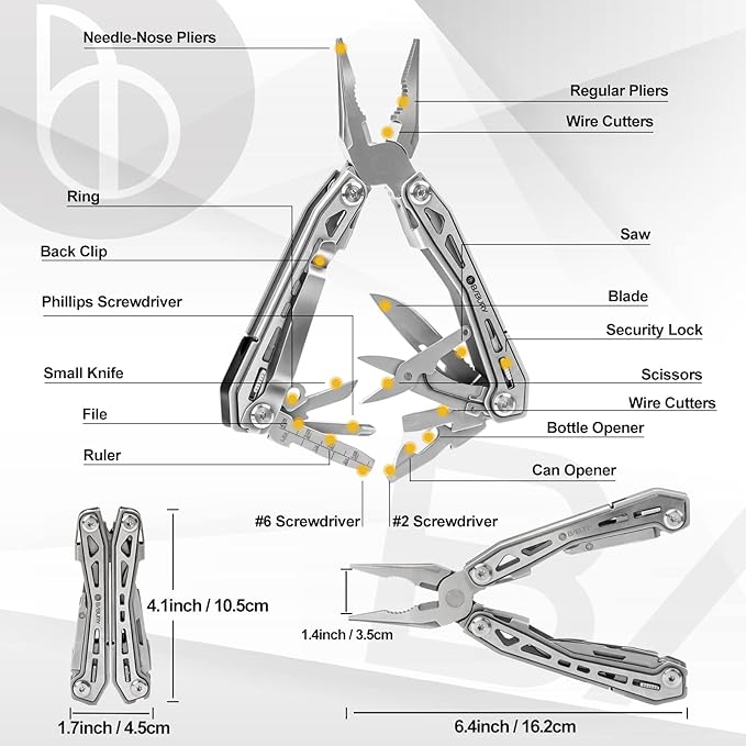 BIBURY 17-in-1 Multitools, Portable Multitool Foldable Spring-Loaded Pliers with Scissors, Can Opener & Screwdriver, Safety Locking EDC Tools for Camping, Outdoor Activities, Home Repair - Black