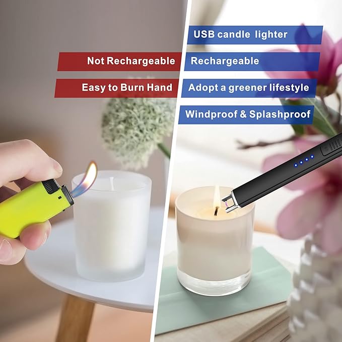 Lighter Electric Candle Lighter with LED Battery Display USB Rechargeable Lighter Windproof Flameless Long Lighters for Candle BBQ Camping (Black