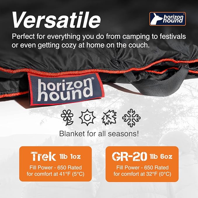 Horizon Hound Down Camping Blanket - Outdoor Travel Blanket | Sustainable Insulated Down | Lightweight & Warm Quilt for Camping, Stadium, Hiking & Festival | Water Resistant, Packable & Compact