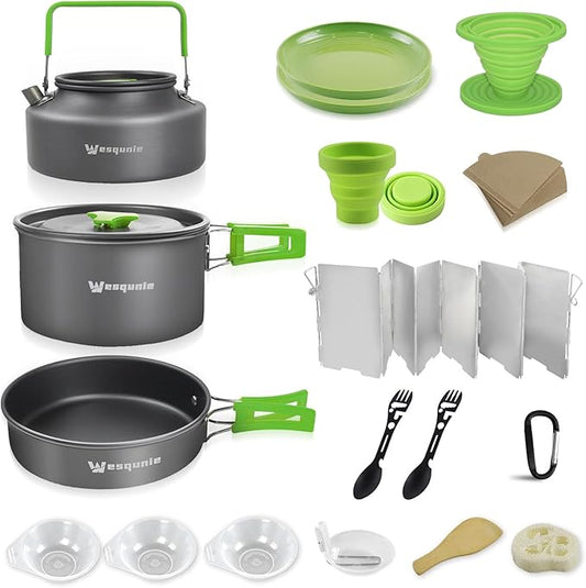 Camping Essentials Cookware Cooking Set, Camping Pots and Pans Set for Backpacking Gear, Car Camping Mess Kit for Camping Stove, Camp Kitchen with Camping Kettle, Pour Over Coffee Dripper