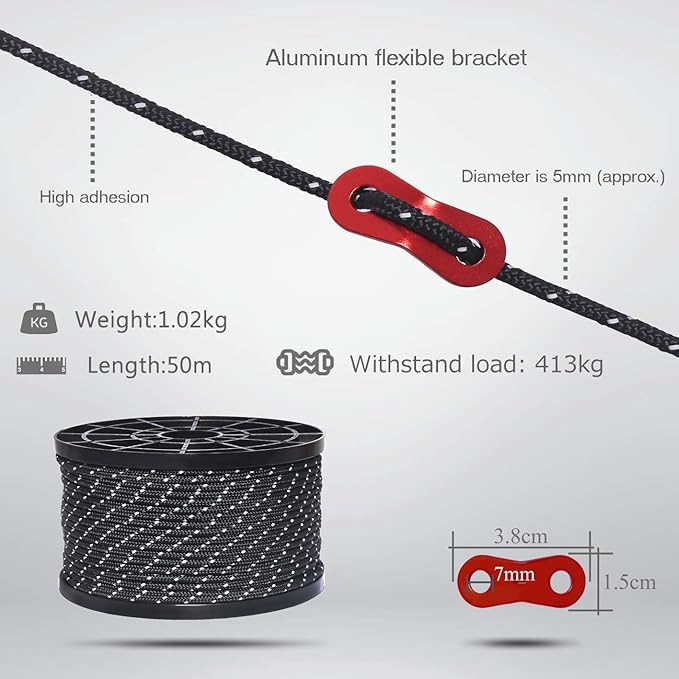 HIKEMAN 50m Reflective Guyline Solid Braid Nylon Camping Rope with Aluminum Adjuster Cord Tensioner Tent Accessory for Outdoor Travel,Hiking,Backpacking and Water Activities (Red, 5mm)