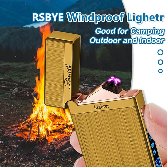 Electric Lighter USB Rechargeable Lighter, Windproof Plasma Dual Arc Lighter, Flameless Cool Lighters with LED Battery Indication for Candles, Incense Stick, Outdoor Camping (Gold)