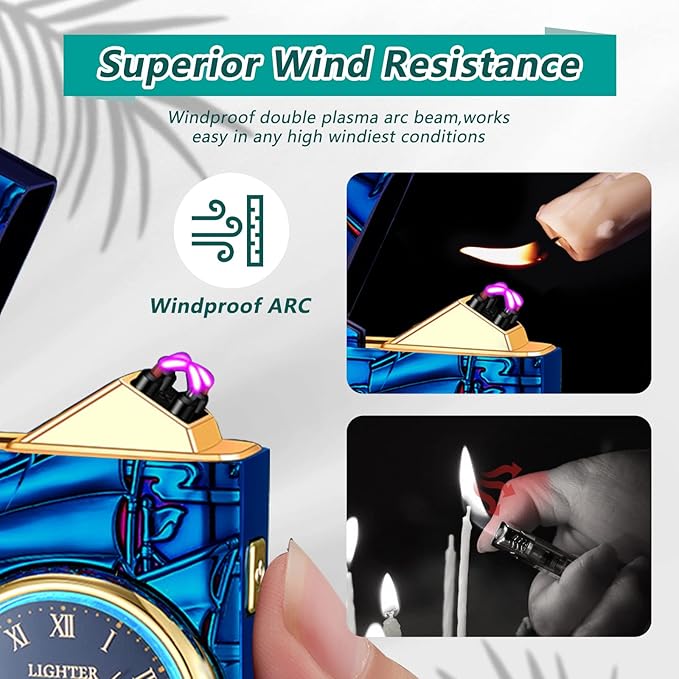 Electric Lighters Rechargeable Type c USB Lighter Windproof Flameless Plasma Dual arc Lighter Metal Cool Lighters with Clock dial Candle Lighters for Candle, Candlestick (Blue)