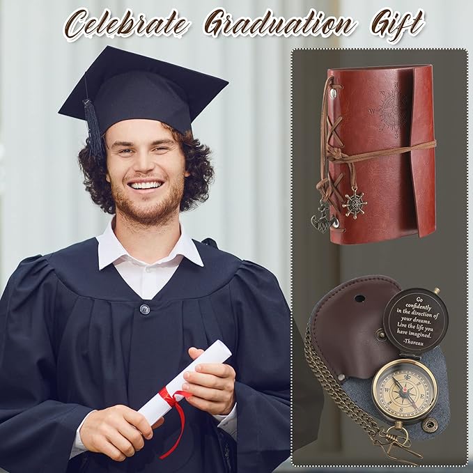 Kanayu 2 Pcs Compass Graduation Gift Compass with Stamped Leather Case and Leather Journal Notebook High School College Graduation Gifts for Him