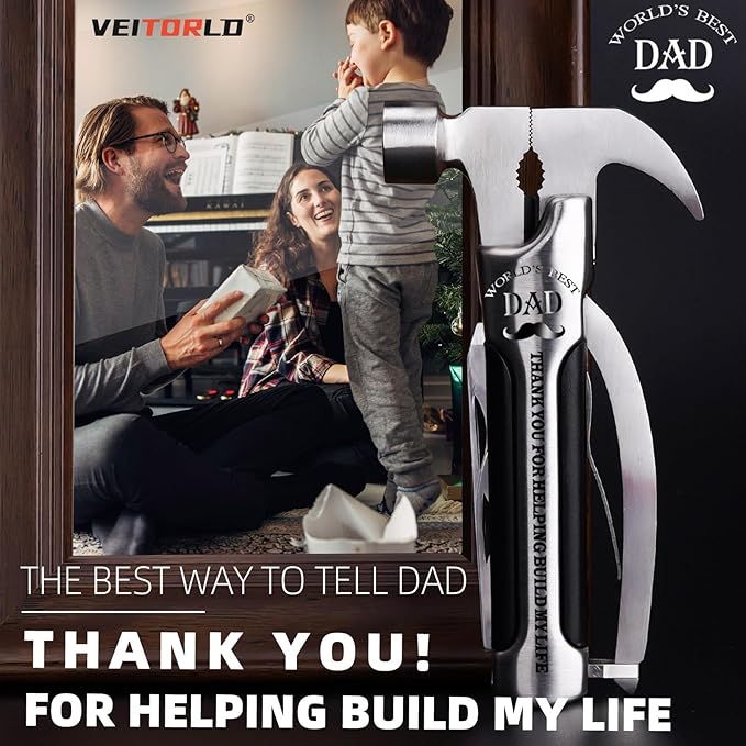 VEITORLD Gifts for Men Dad from Daughter Son Kids, Unique Birthday Gift Ideas for Dad Men, All in One Survival Tools Small Hammer Multitool with Engraved Wooden Box, Cool Camping Hunting Gadgets