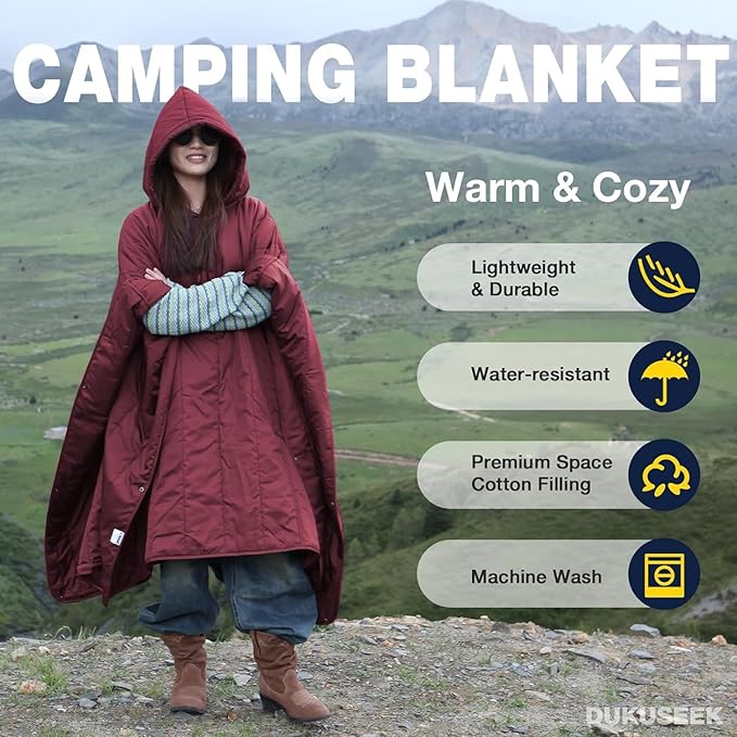 DUKUSEEK Outdoor Wearable Camping Blanket with Hood, Large Packable Backpacking Hooded Stadium Blankets, Lightweight Warm Quilt for Picnic, Hiking, Football, 79"x59", Navy Blue