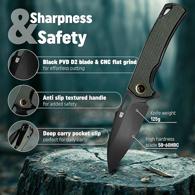 Folding Pocket Knife for Men - EDC Tactical Knife with Pocket Clip, Indoor & Outdoor, Camping, Survival Hiking & Gifts for Men, Every Day Carry, Lightweight (Green Micarta)