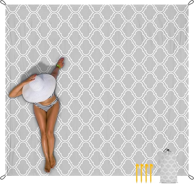 Waterproof Sandproof Beach Blanket, 78"×86" Large Beach Mat for 1-4 Adults, Foldable Lightweight Polyester Outdoor Picnic Blanket with 4 Stakes & 4 Corner Pockets for Travel, Camping, Hiking