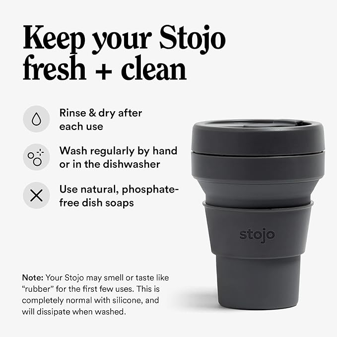 STOJO Collapsible Travel Cup - Carbon, 12oz / 355ml - Leak-Proof Reusable To-Go Pocket Size Silicone Bottle for Hot & Cold Drinks - Camping & Hiking - Dishwasher Safe - No Straw Included