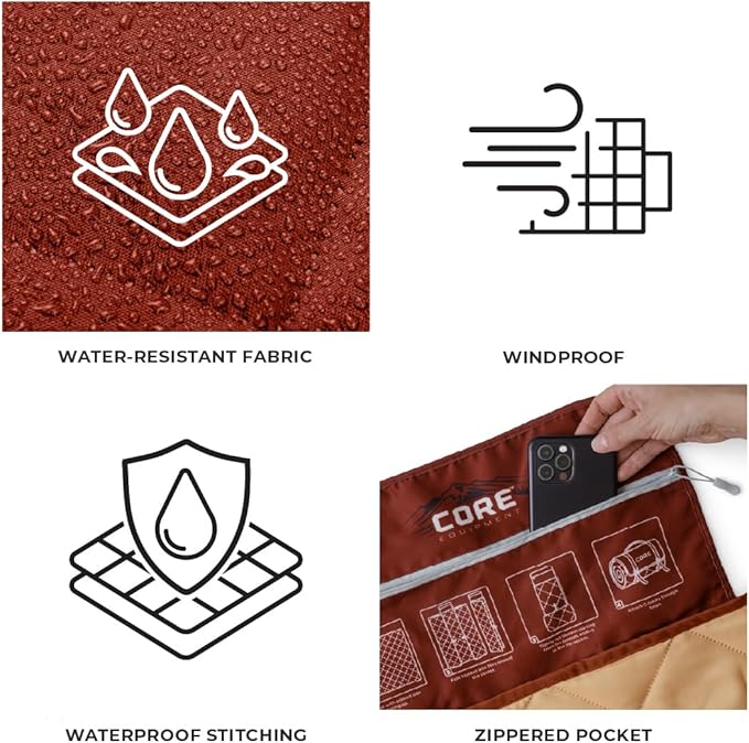 CORE Outdoor Weighted Blanket | Packable Waterproof Picnic Blanket, Beach Mat, Tent Camping Rug, & Stadium Blanket | Large Portable 94" x 78" Quilt Design with Built-in Straps and Carry Handle