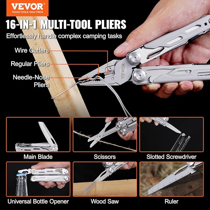 VEVOR 28-in-1 Multitool Pliers,Stainless Steel Multi Tool Pocket K-nife,Self-locking Multitool Pliers with Sheath & Replaceable Screwdrivers Bits -Perfect for Outdoor Survival, Camping, Hiking