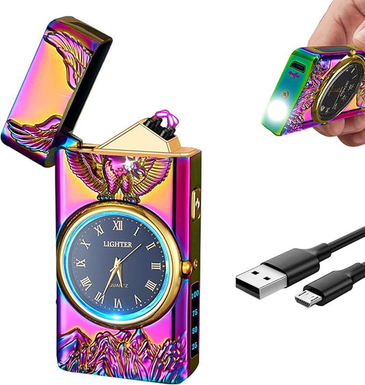 Cool Lighter with Clock Dial Electric Lighter with LED Power Display Plasma Lighter Windproof USB Rechargeable Lighter Gifts for Men Women (Eagle-Magic)