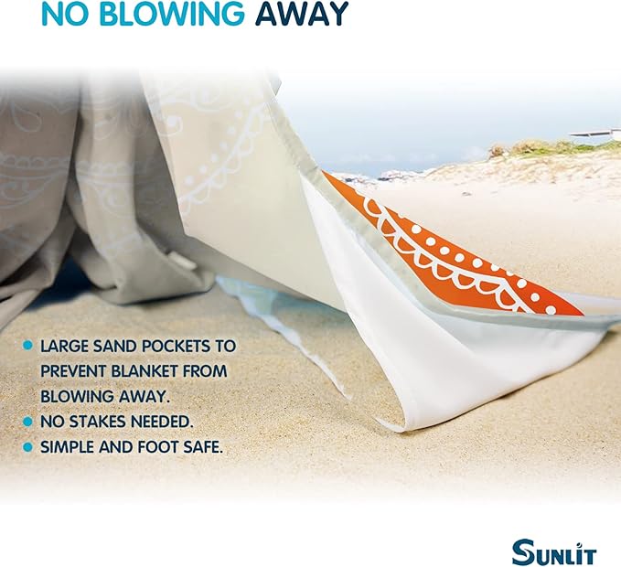 Sunlit Silky Soft 106"x81" Boho Sand Proof Beach Blanket Sand Proof Mat with Corner Pockets and Mesh Bag for Beach Party, Travel, Camping and Outdoor Music Festival, Light Orange and Sky Blue Mandala