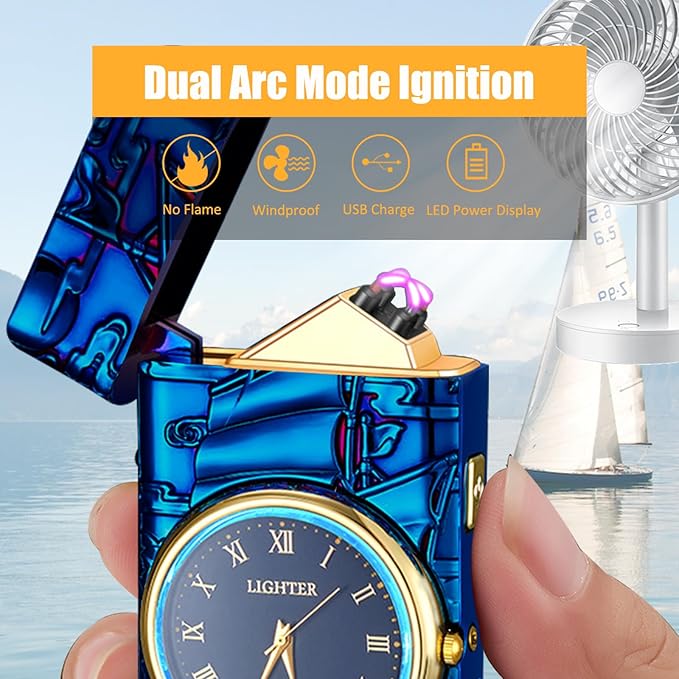 Cool Lighter with Clock Dial Electric Lighter with LED Power Display Plasma Lighter Windproof USB Rechargeable Lighter Gifts for Men Women (Sailboat-Blue)