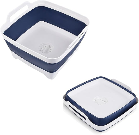 Dishpan for Washing Dishes,9L Collapsible Dish Tub Portable Sink,Wash Basin,Foldable Laundry Tub,Washing Basin with Drain Plug,Dishpan for Kitchen Sink,Camping Dish Washing Tub,Navy blue
