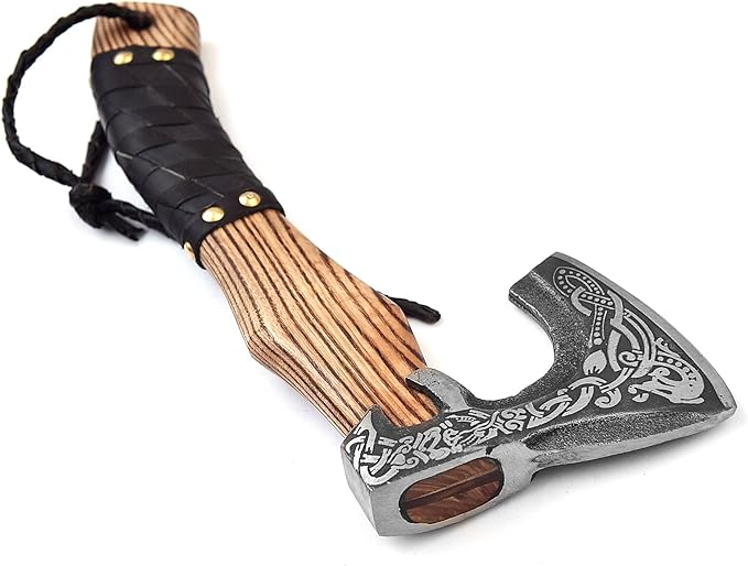 H&A CRAFTS® Viking Axe The Ragnar Lothbrok Real, and Custom Crafted with Leather Sheath Carbon Steel Camping Hatchet Personalized Gifts for Men (Jormungandr Viking Axe)
