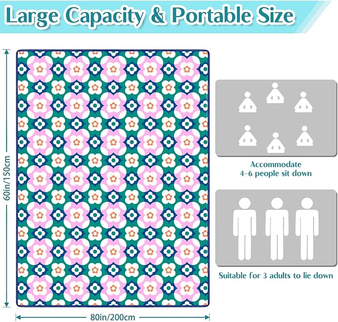 Boho Floral Picnic Blanket Waterproof Foldable Extra Large Picnic Mat Beach Blanket 60"x80" for Camping Beach Hiking Patio Party Outdoor Decor Gifts