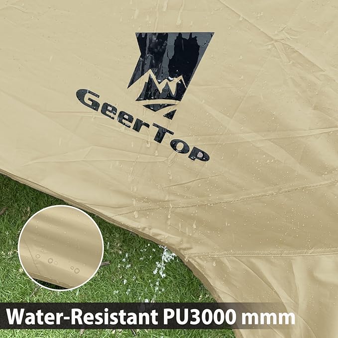 GEERTOP Large Camping Tent Tarp 17 x 10 ft Outdoor Waterproof Hammock Rain Fly Backpacking Tent Tarp Shelter for Survival Travel Khaki (Not Includes Poles)