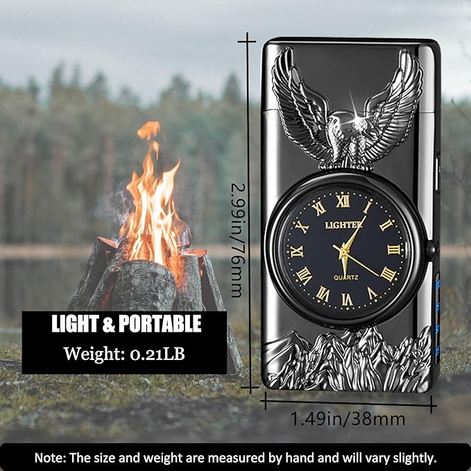 Cool Lighter with Clock Dial Electric Lighter with LED Power Display Plasma Lighter Windproof USB Rechargeable Lighter Gifts for Men Women (Eagle-Black)
